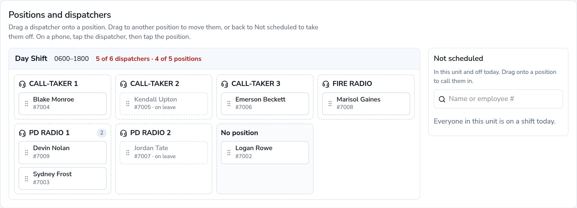 The schedule builder for a 911 center day shift: dispatchers placed on call-taker and radio positions, two on leave, and a short count in red