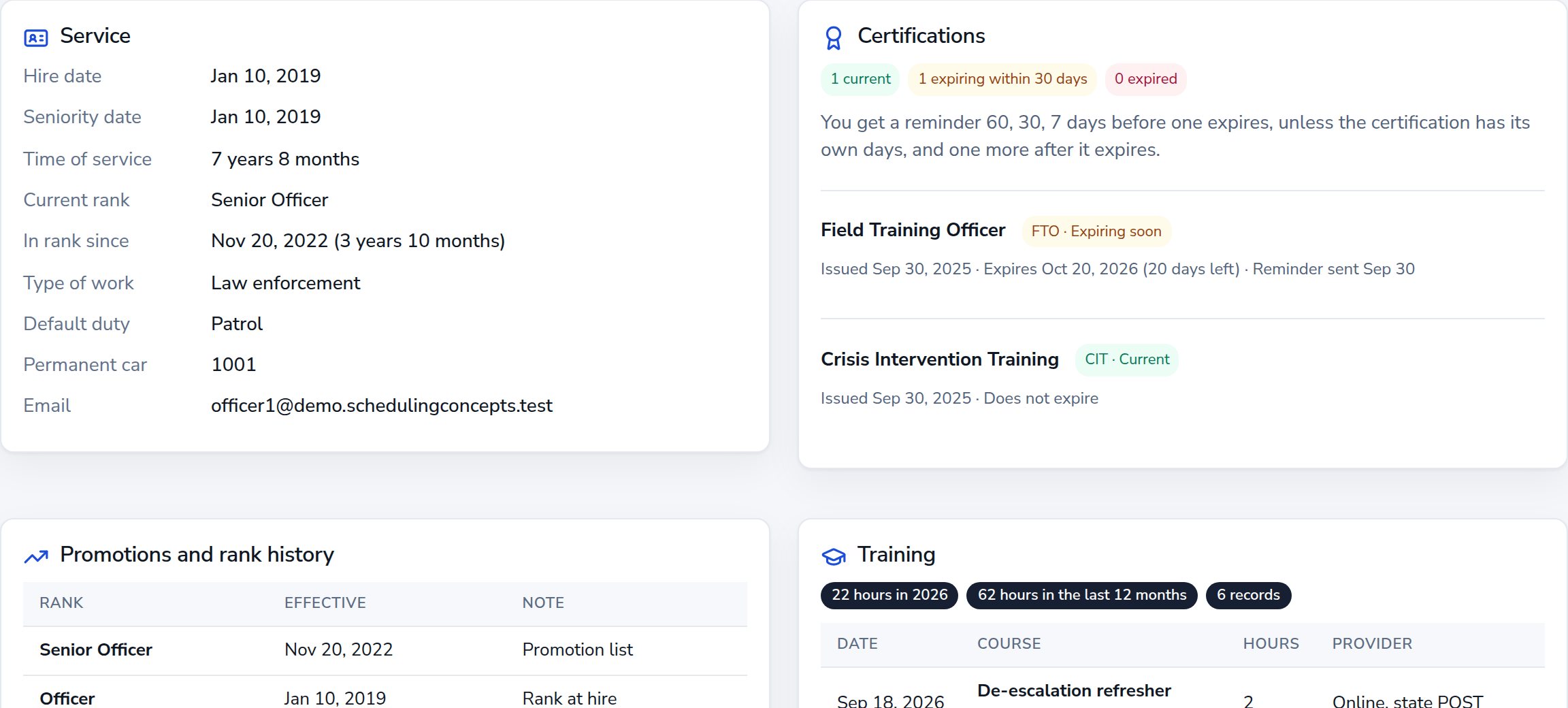 An employee profile with service dates, rank history, certifications and training hours